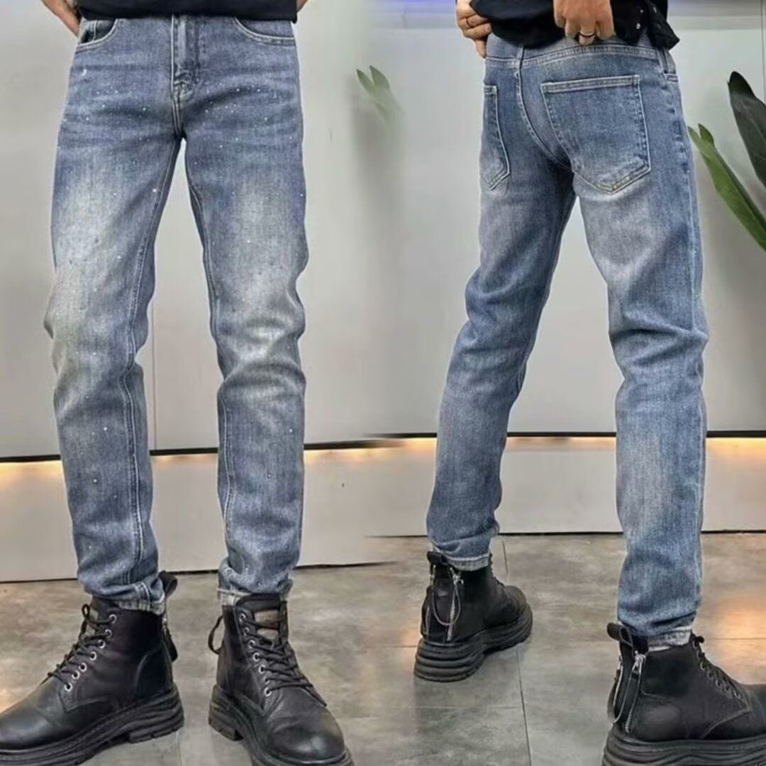 高端烫钻刮烂牛仔裤男修身小直筒2025夏季新款潮流帅气复古休闲裤