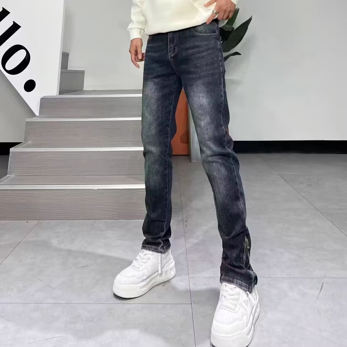 高端重工水洗深蓝色牛仔裤男修身小脚秋冬韩版脚口拉链微喇休闲裤