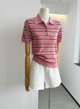 M403-1复古少女系 三粒扣POLO针织撞色条纹 冰丝针织短袖夏季26