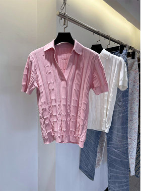 509高定 H25夏新桑蚕丝绲纺粉白立体提花浮雕V型POLO领针织短袖女