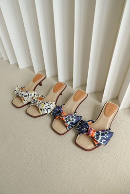 羊皮粗高跟凉鞋蝴蝶结女鞋真鹿皮