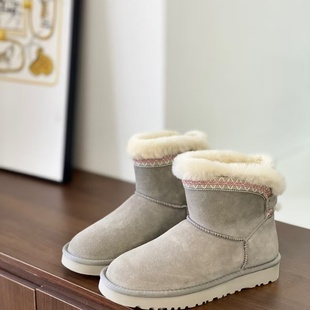 澳洲纯羊皮毛一体雪地靴女冬季加厚加绒保暖短靴毛线装饰厚底棉鞋