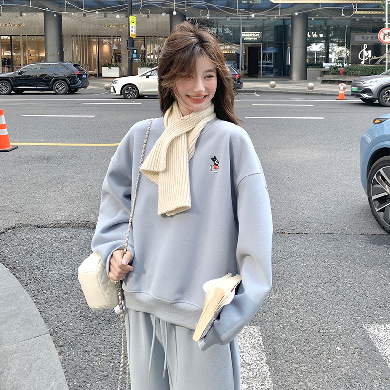 蓝色卫衣套装女2025春季新款韩系气质小清新运动风显瘦卫裤两件套