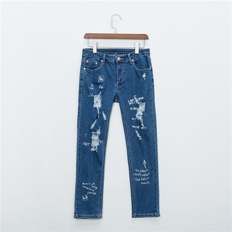 ladies pants破洞牛仔裤女小脚裤女英文印花休闲舒适女式牛仔裤在类目 女装/女士精品, 牛仔裤中 - 来自Buy2taobao.com提供专业的淘宝代购服务