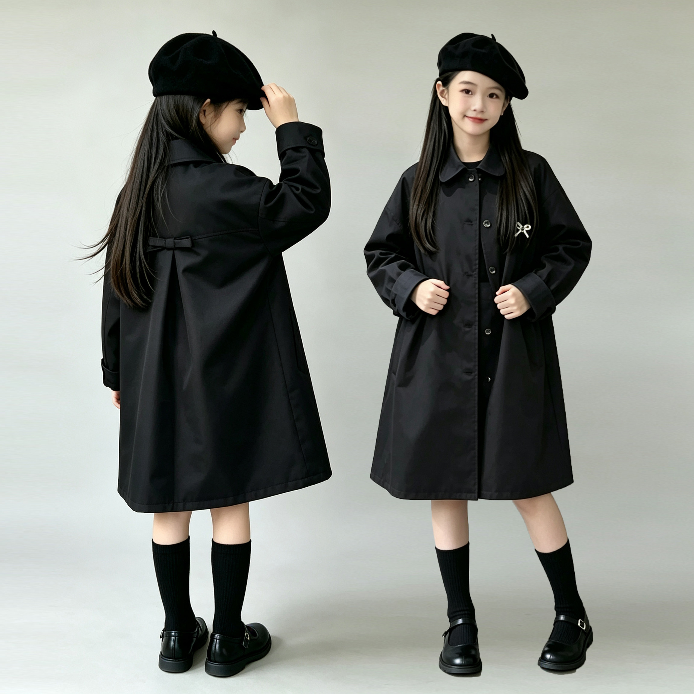 韩版女童中长款风衣外套春秋季新款小女孩洋气黑色大衣宽松英伦风