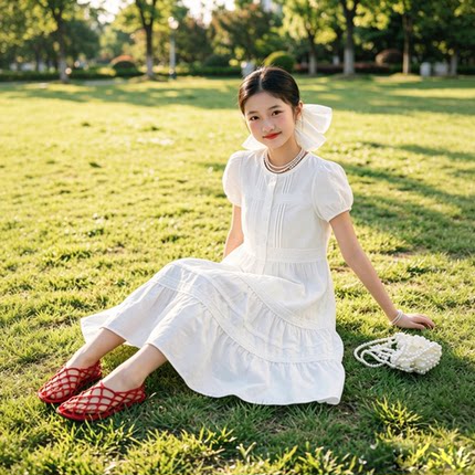 夏季女童短袖白色连衣裙女孩洋气韩版纯棉连身裙蕾丝公主裙子清纯