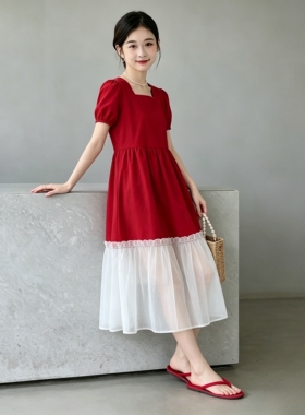 女童连衣裙夏季红色礼服裙女孩甜美公主裙中大童装度假裙子蝴蝶结