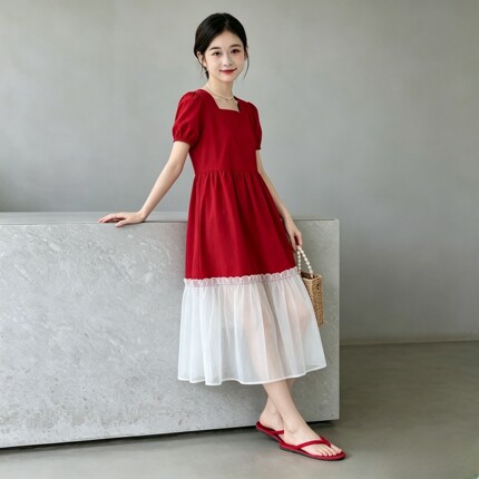 女童连衣裙夏季红色礼服裙女孩甜美公主裙中大童装度假裙子蝴蝶结