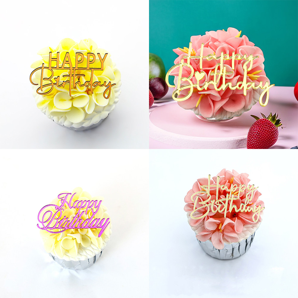 纸杯蛋糕无柄生日快乐装饰摆件手写happy birthday迷你小甜品插件