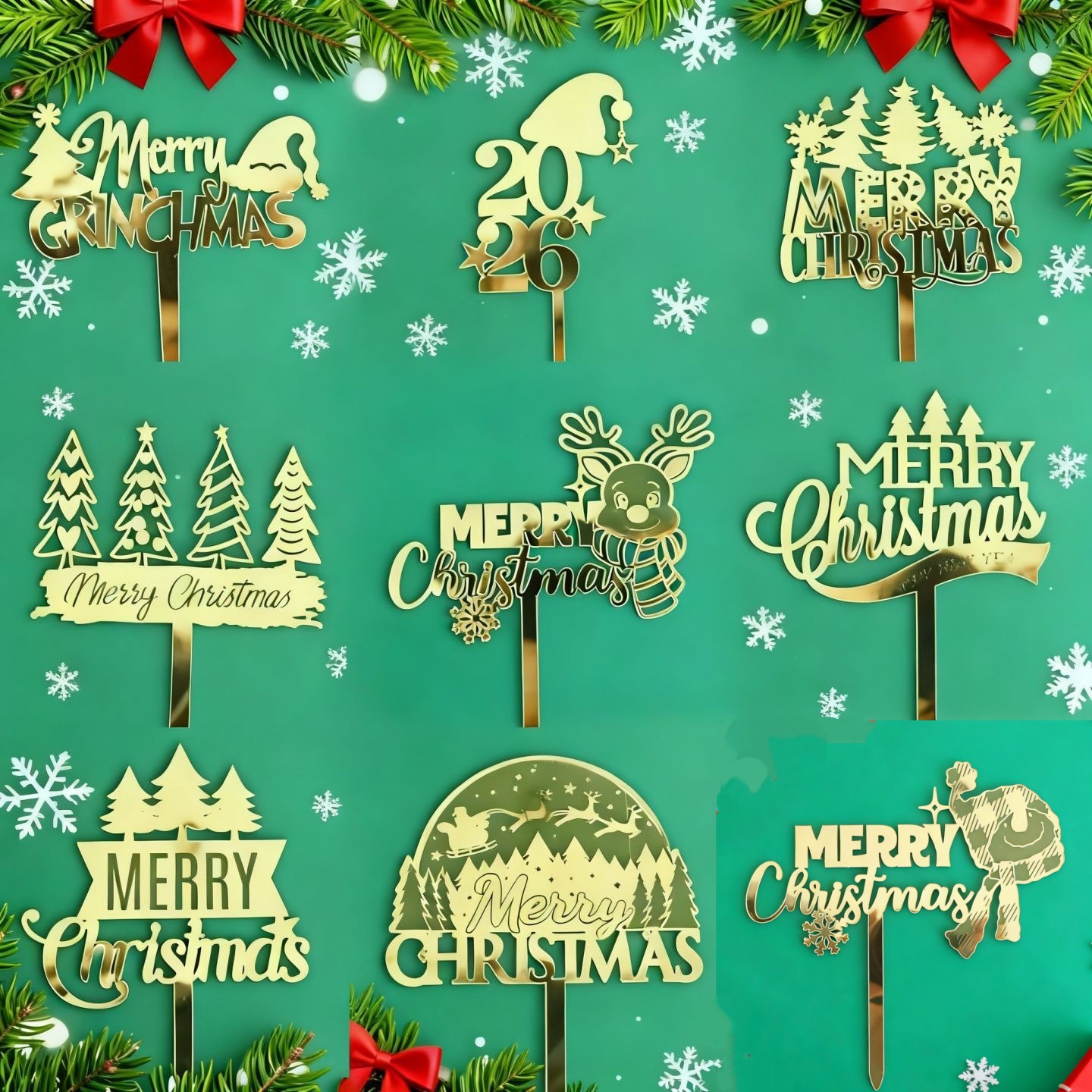 新款2026圣诞快乐亚克力蛋糕装饰插件 新年激光打标烘焙甜品插牌