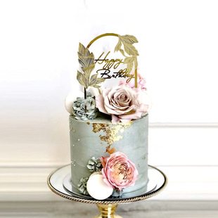 树叶款happy birthday蛋糕插件亚克力激光打标烘焙插牌甜品台装扮