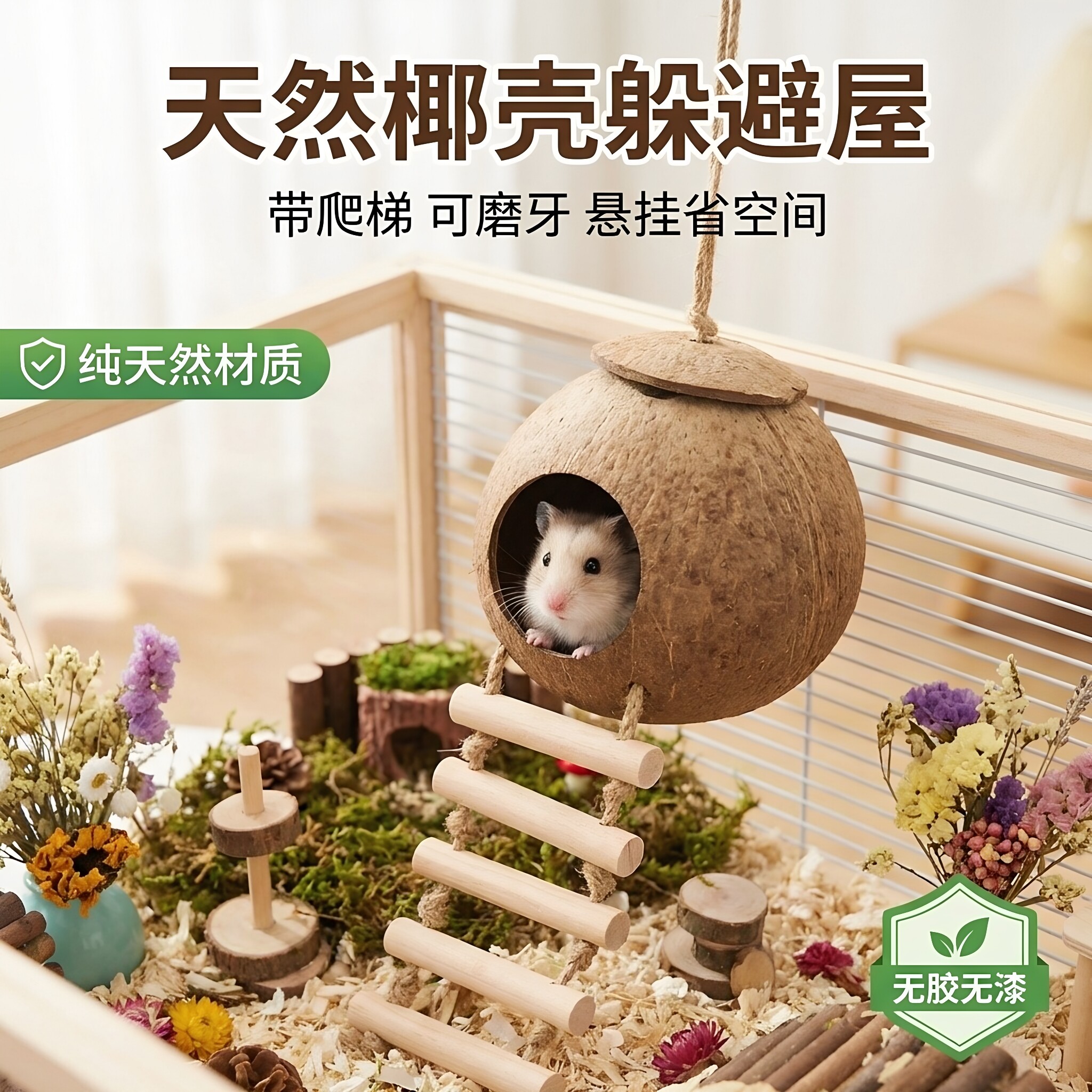 仓鼠椰子壳睡窝蜜袋鼯金丝熊保暖躲避屋爬梯子玩具鹦鹉鸟类用品