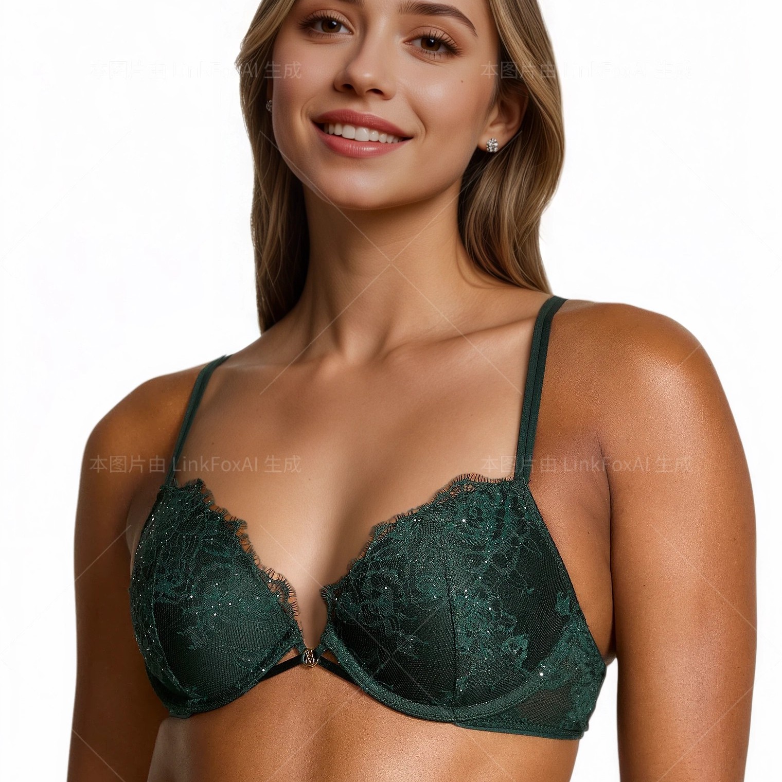 美国代购 维多利亚的秘密 青芜绿 亮片蕾丝 性感厚垫聚拢文胸