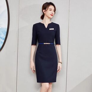 夏 连衣裙美容珠宝店售楼酒店物业工装 前台工作服女职业装 V领大码