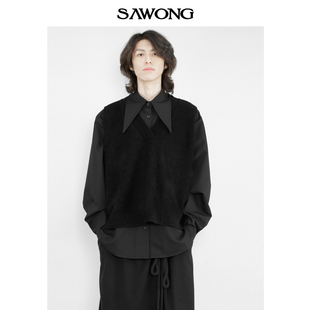 SAwong秋冬新款 原创设计日系个性 宽松休闲纯棉v领马甲背心针织衫