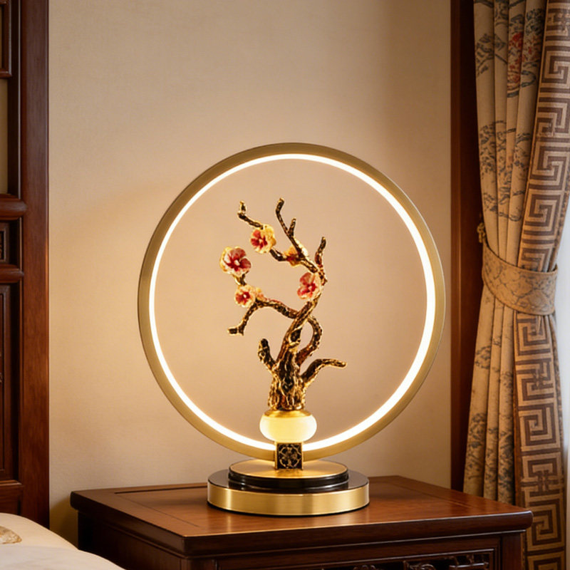 新中式小台灯全铜led暖光花草客厅卧室床头书房茶室装饰摆件灯具