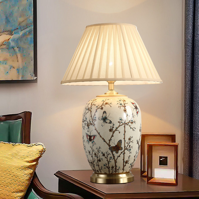 2025新中式陶瓷纯铜装饰花鸟台灯大客厅边几卧室床头灯美式复古灯
