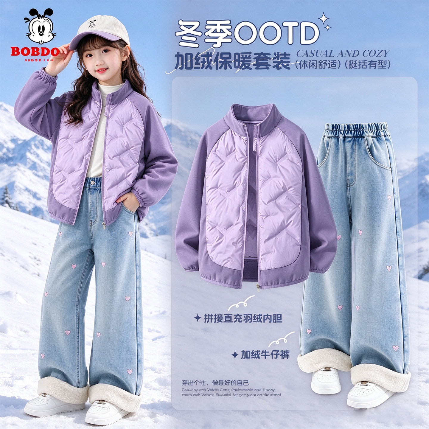 巴布豆童装女童冬装套装羽绒服