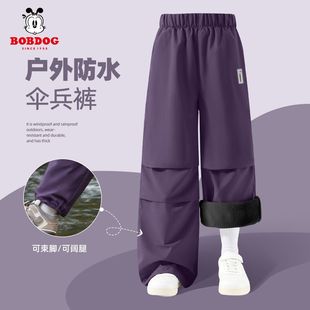 巴布豆女童加绒裤子2025新款冬季小女孩工装裤加厚防水儿童冲锋裤