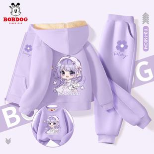 巴布豆女童加绒套装冬季2026新款洋气时髦儿童加厚外套保暖三件套