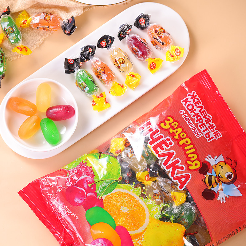 俄罗斯进口小蜜蜂水果味软糖爆浆软糖qq糖果汁夹心橡皮糖零食年货