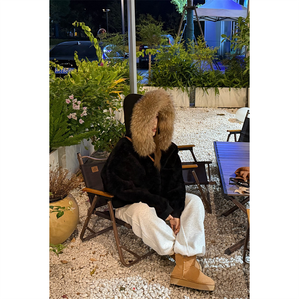 大毛领双面穿连帽环保皮草