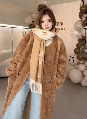 NN家秋冬加厚女长款双排扣皮毛一体环保皮草仿羊羔毛外套2024