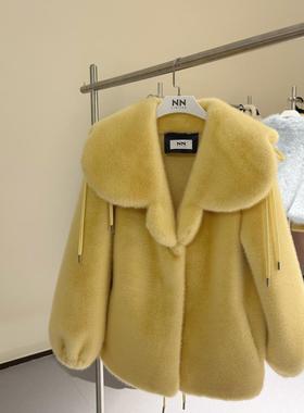 NN家秋冬连帽加厚女蝴蝶花朵领仿水貂毛皮毛一体环保皮草外套