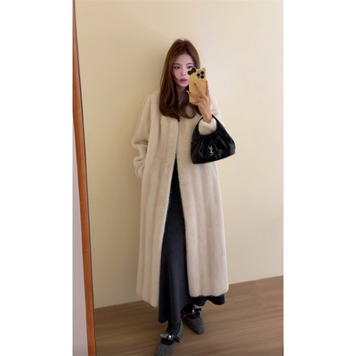 竖条感袖口褶皱V领环保皮草外套