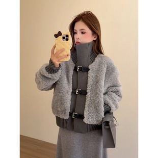 NN家秋冬加厚女针织拼接仿羊羔毛麂皮绒皮毛一体环保皮草外套2539