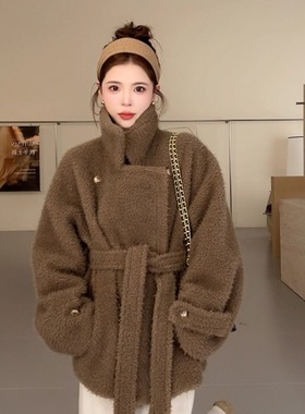 NN家秋冬加厚双排扣方领仿羊羔毛麂皮绒皮毛一体环保皮草外套2514