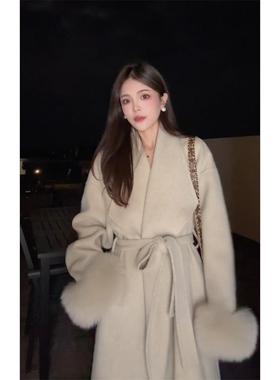 NN家秋冬“月下爱丽丝”狐狸袖口加厚长款双面呢双面羊毛大衣7709