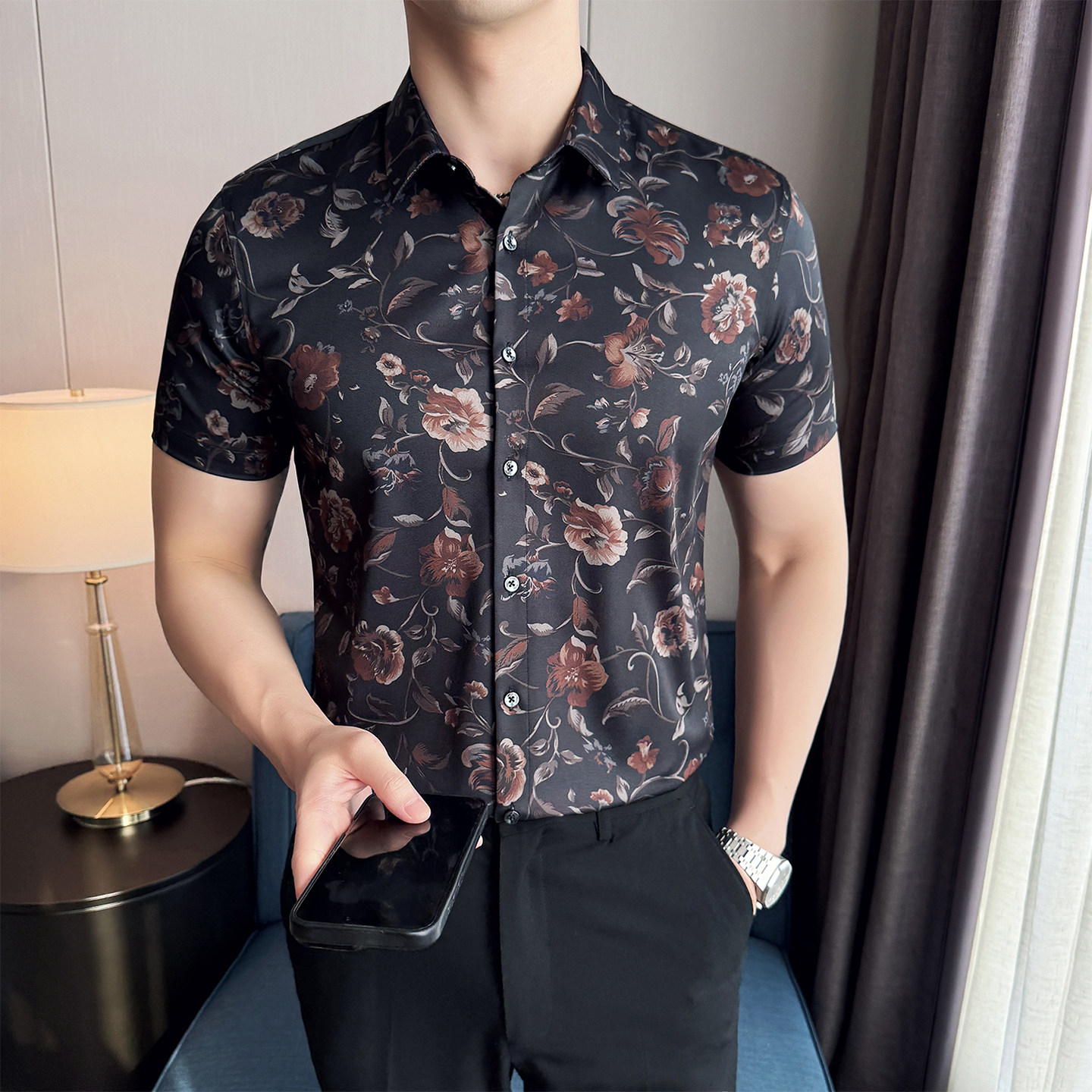 2025夏季新款印花衬衫男短袖潮流休闲帅气A311-CS2503-P53,男装衬衫,电商A311