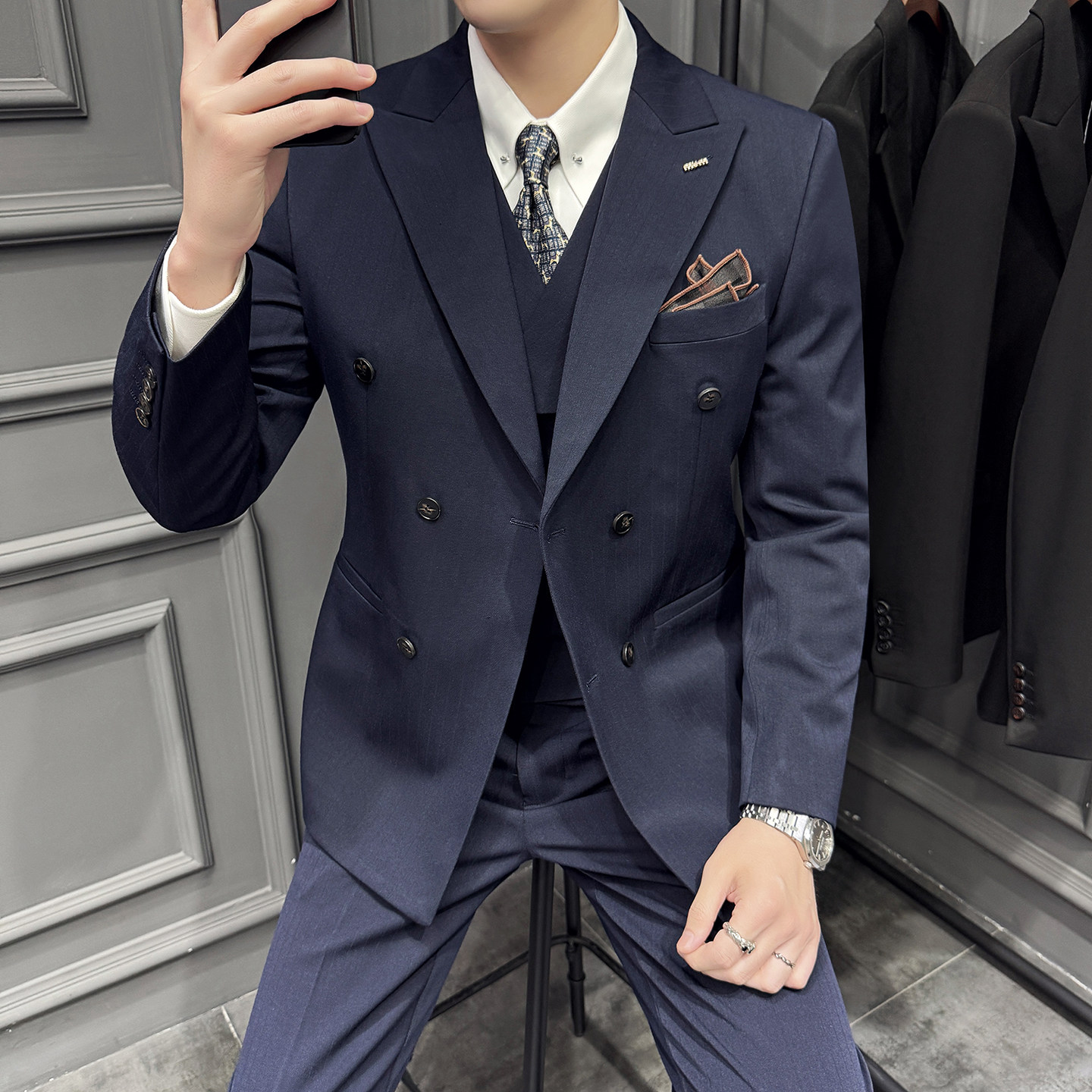 木框景2025秋季套装修身休闲商务大码男士礼服A311-SJT9013-P290,男装西服套装,电商A311