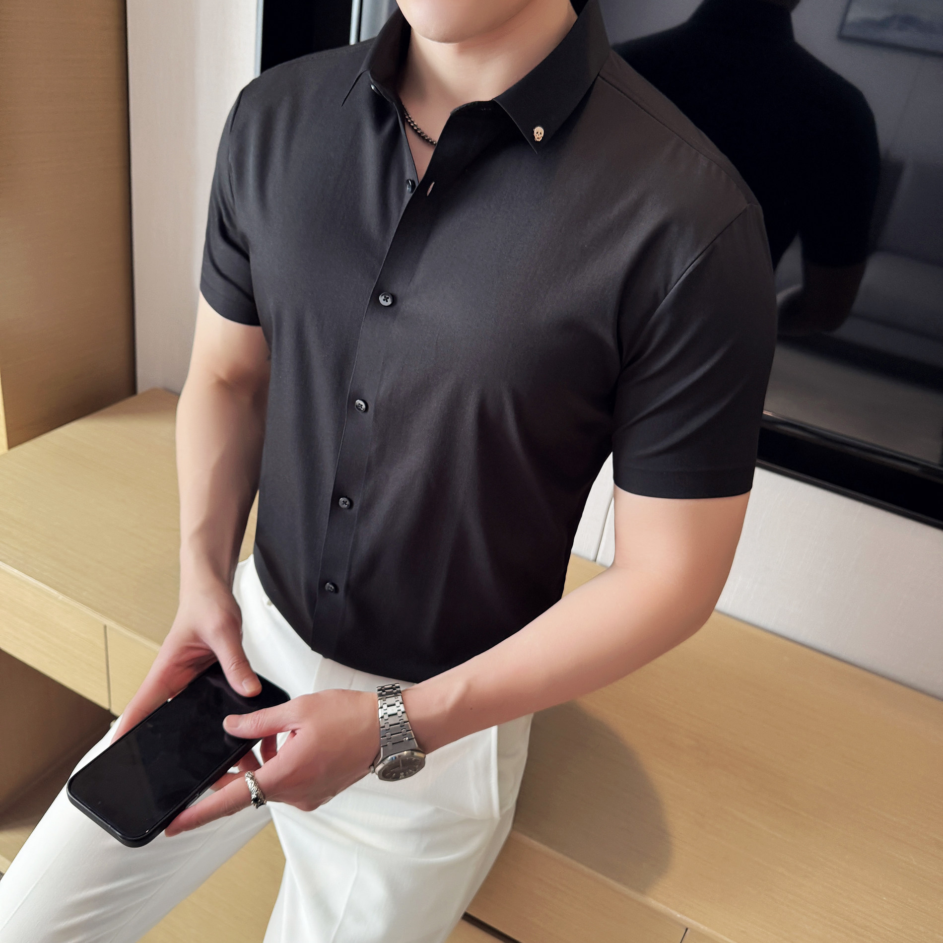 酒店景2025夏季新款弹力短袖衬衫男修身百搭衬衣A311-CSD092-P68,男装T恤,电商A311