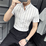 2025夏季短袖条纹衬衫韩版修身商务休闲衬衣男A311-CSZ88060-P55，男装T恤，电商A311