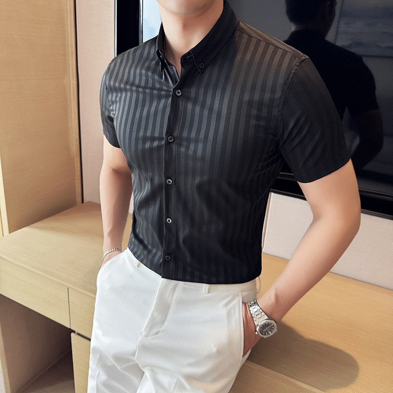 粗条纹短袖衬衫男士2025夏季新款潮流修身衬衣A311-CSC2407-P55,男装T恤,电商A311