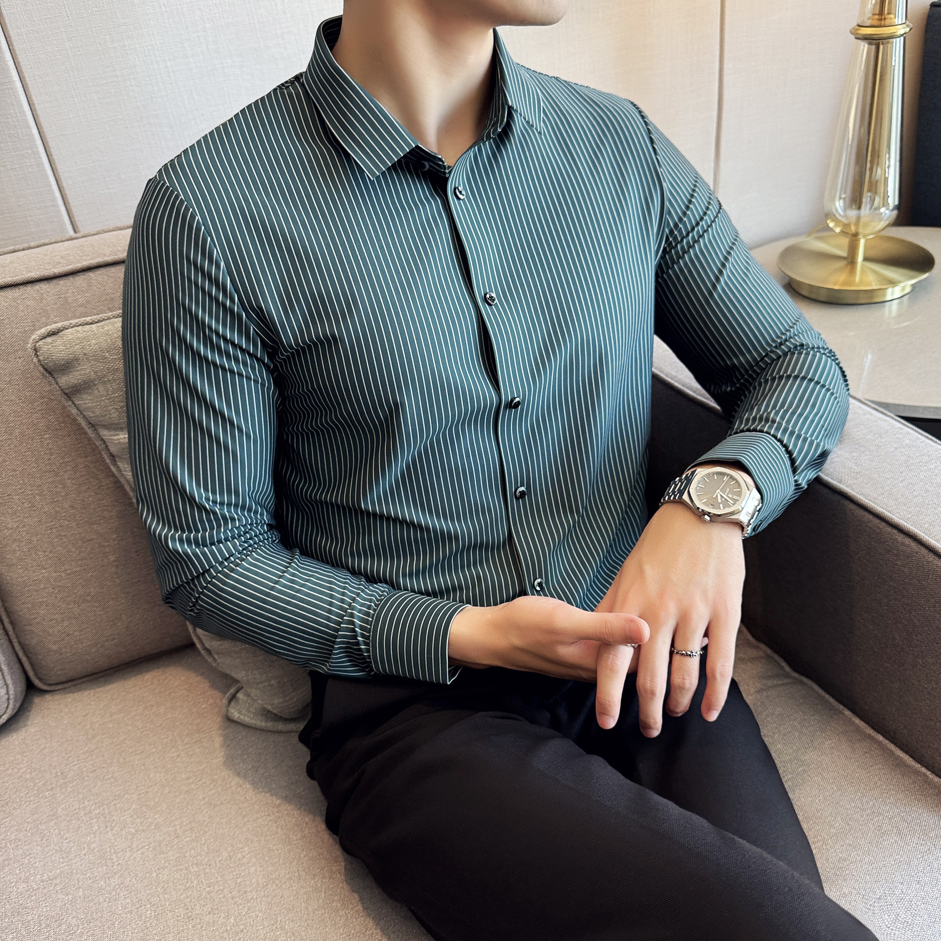 高级感条纹长袖衬衫男秋季新款商务休闲帅气寸衣A311-CSG1200-P93图片