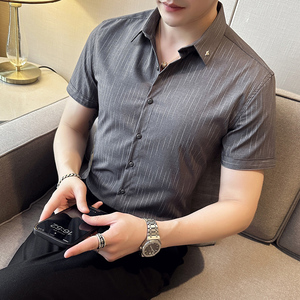 2025夏季新款短袖条纹衬衫韩版修身商务休闲衬衣男A311-CS861-P68图片