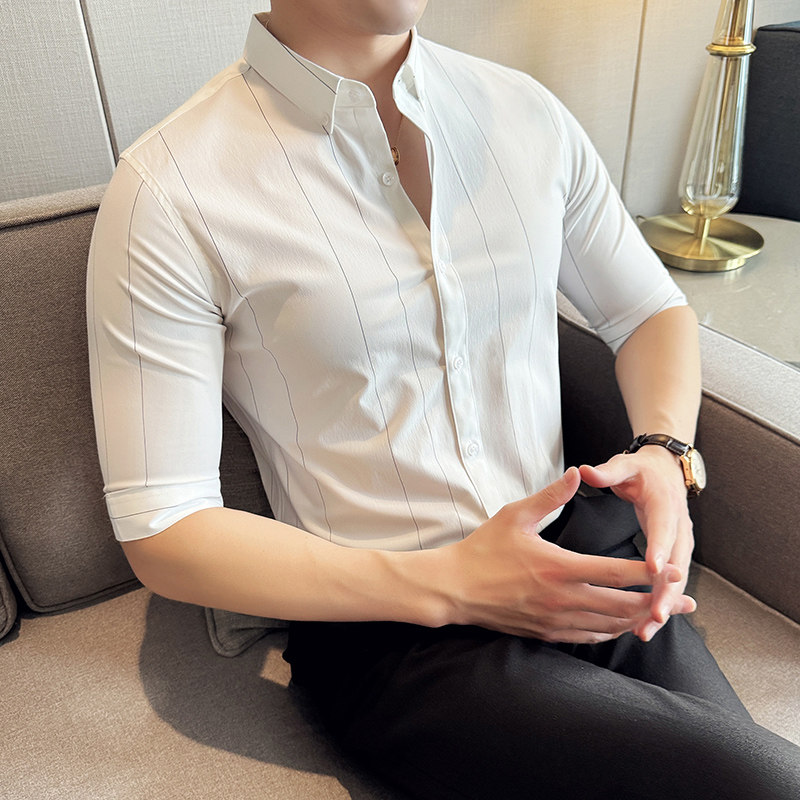 2025春季青年条纹修身衬衫男五分袖商务休闲衬衣A311-CS322-P58图片