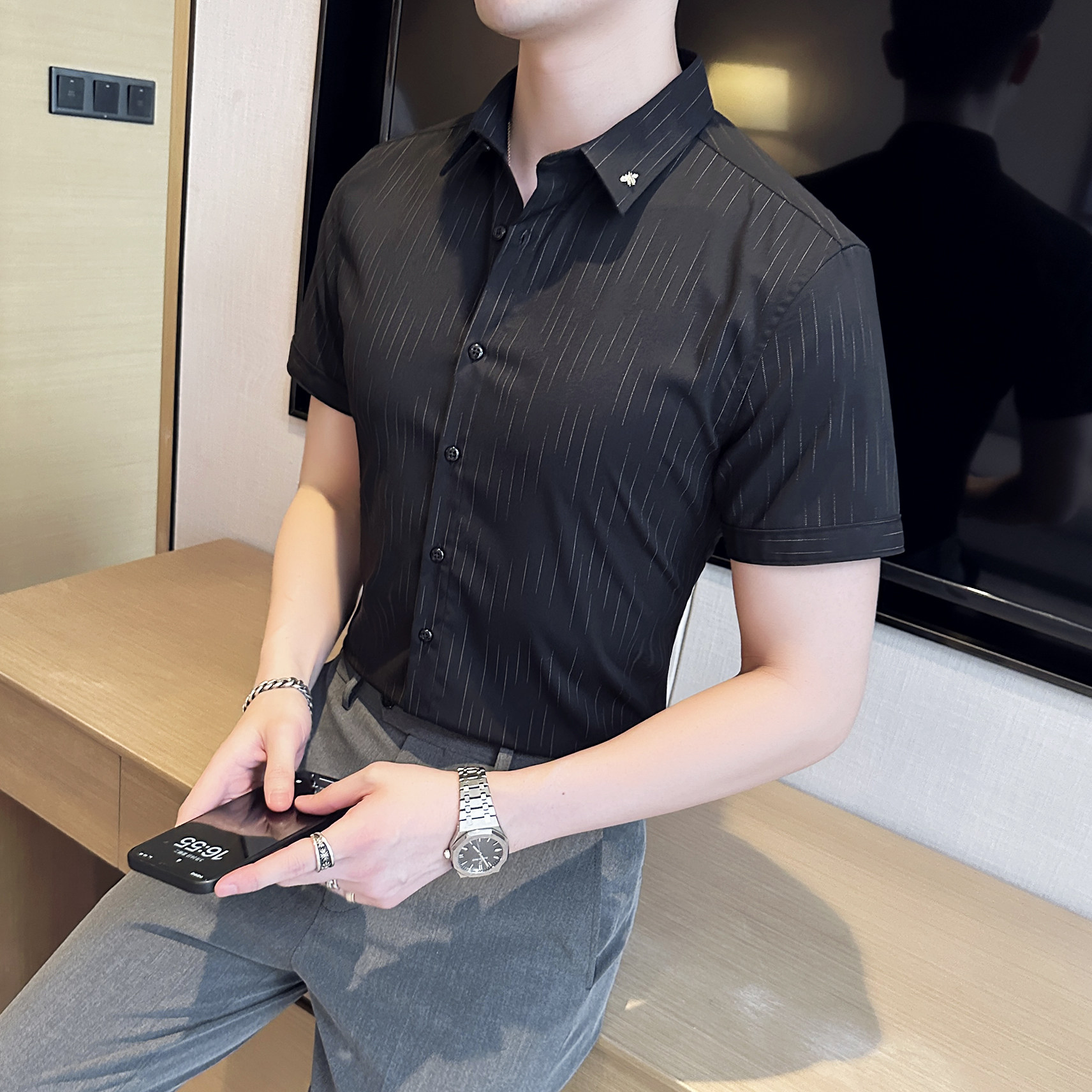 2025夏季新款短袖条纹衬衫韩版修身商务休闲衬衣男A311-CS861-P68,男装T恤,电商A311