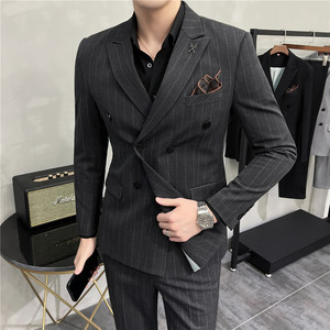 2025秋季套装男士条纹修身商务休闲双排扣西服A311-LJT6833-P210