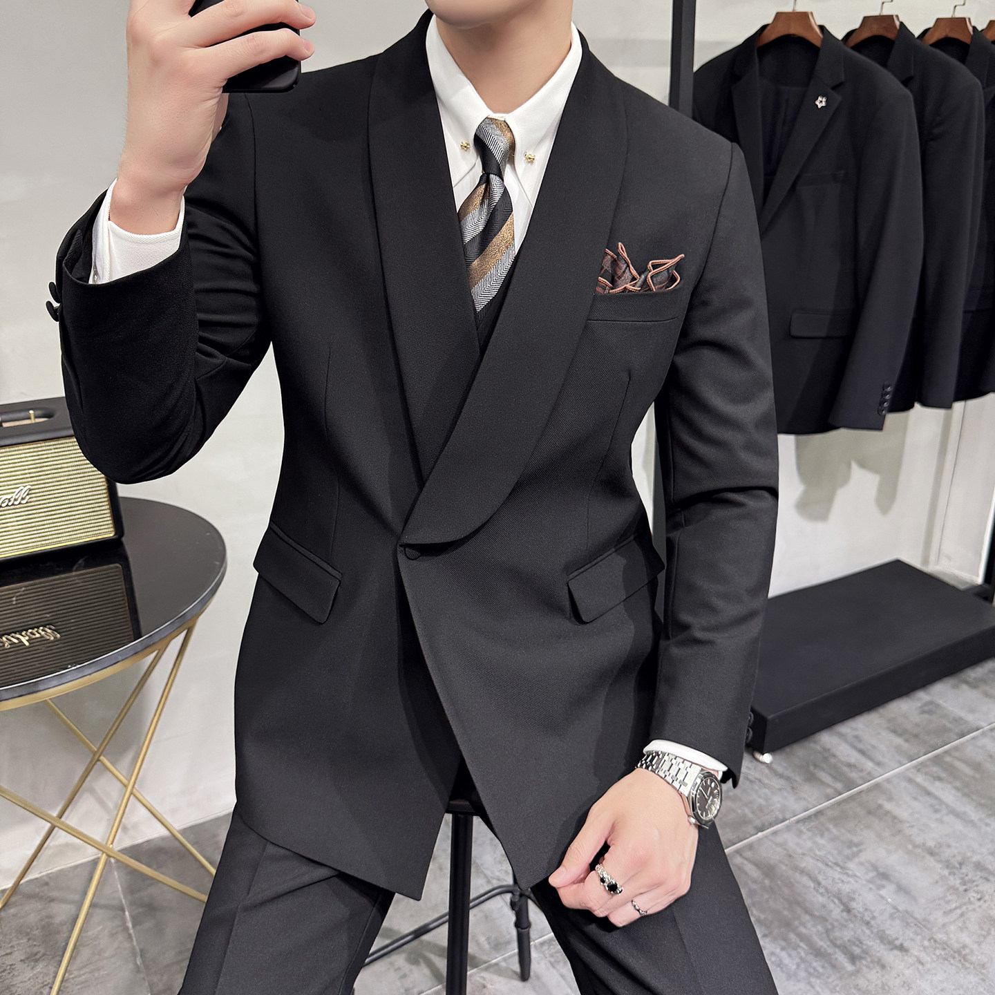 灰墙景2025秋季套装修身休闲商务大码男士礼服A311-SJT9012-P290,男装西服套装,电商A311