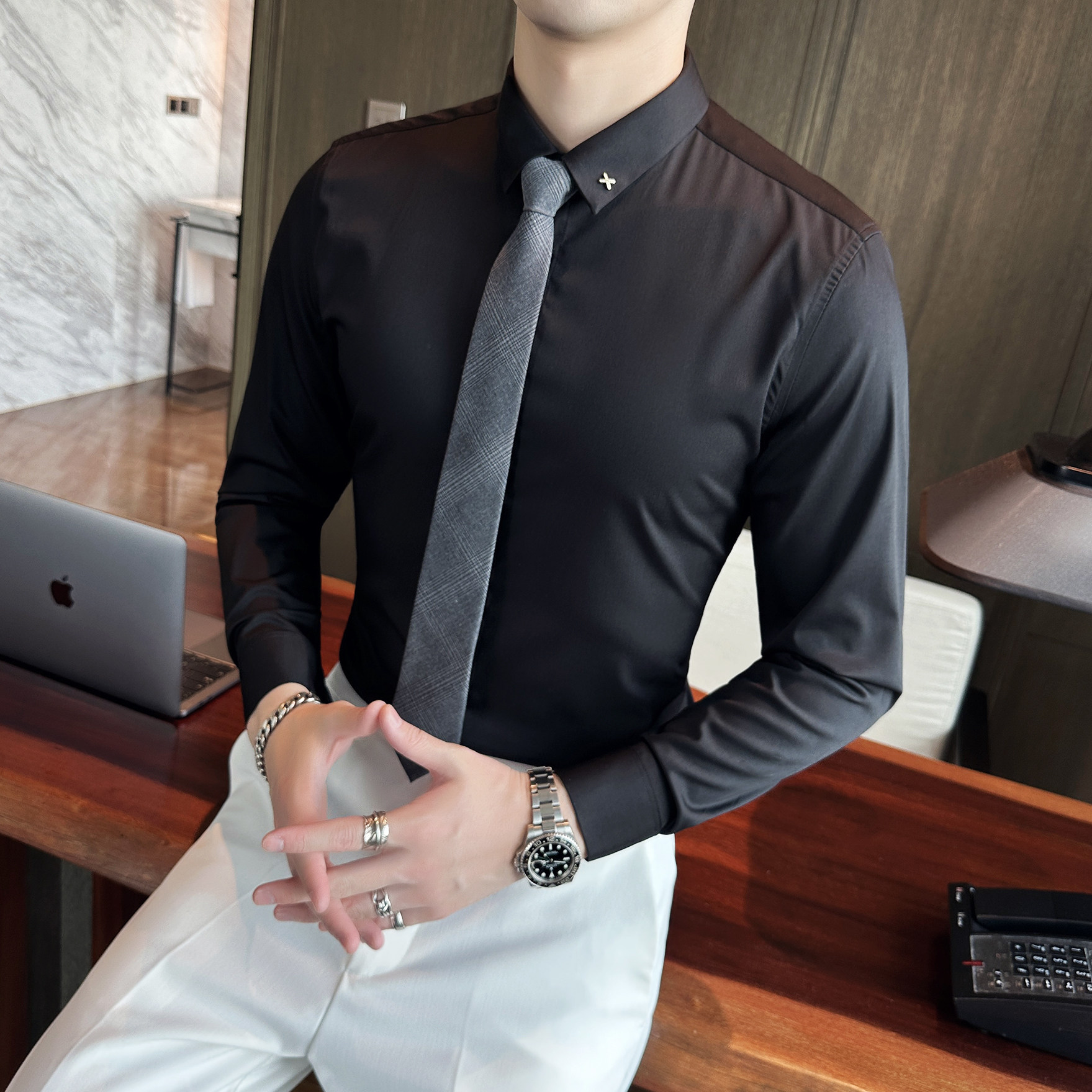 2025春季青年衬衫男长袖白色修身休闲衬衣男士A311-CS3022-P68,男装衬衫,电商A311