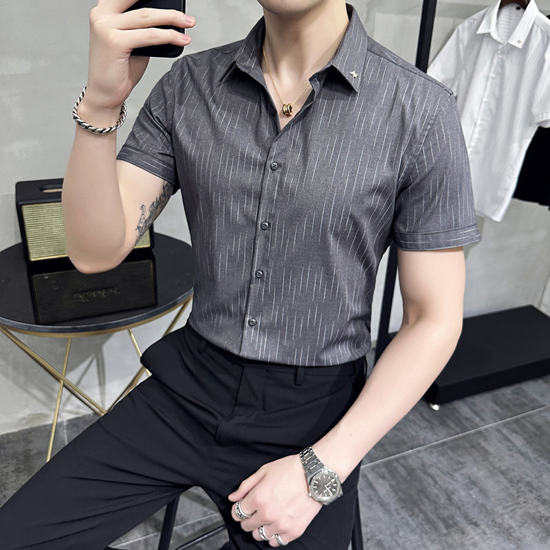2025夏季新款短袖条纹衬衫韩版修身商务休闲衬衣男CS861-P68,男装T恤,电商A311