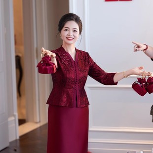 妈妈婚宴礼服2025春季新款年轻气质喜婆婆婚宴装假两件套装旗袍裙