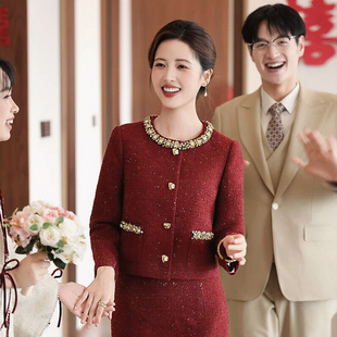 喜婆婆婚宴礼服两件套女2026新款红色小香风秋冬套装敬酒服连衣裙