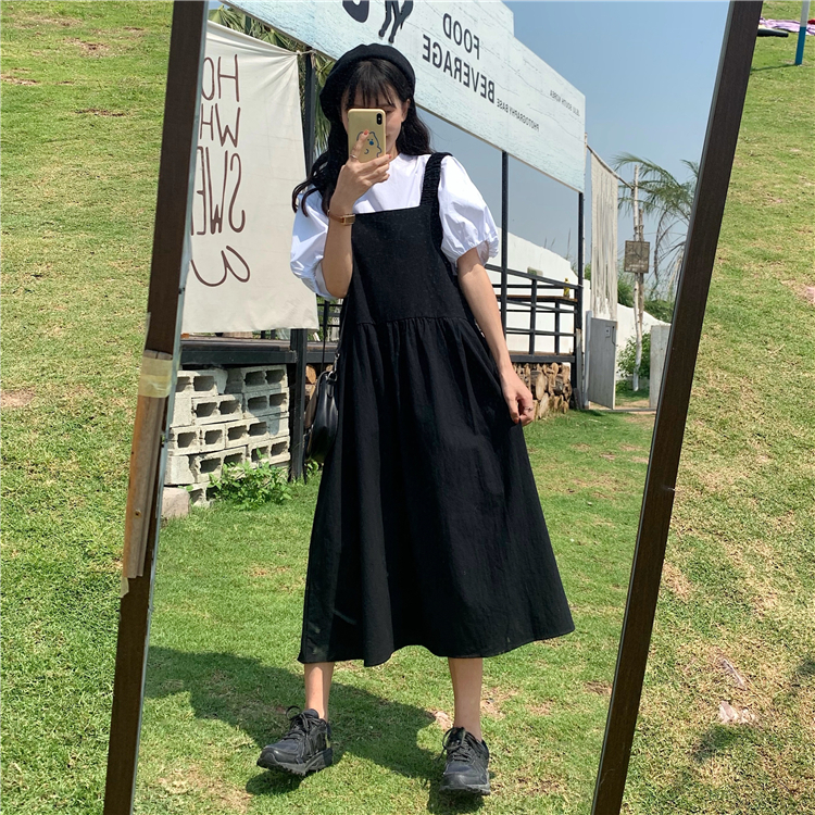 Real price ~ 2021 new elastic shoulder strap skirt + short sleeve bottomed shirt