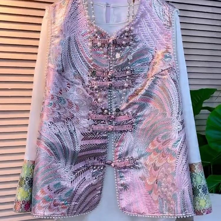 新款胖妹妹显瘦国潮风时尚大码盘扣镶钻凤尾马甲搭配拼接提花大衫