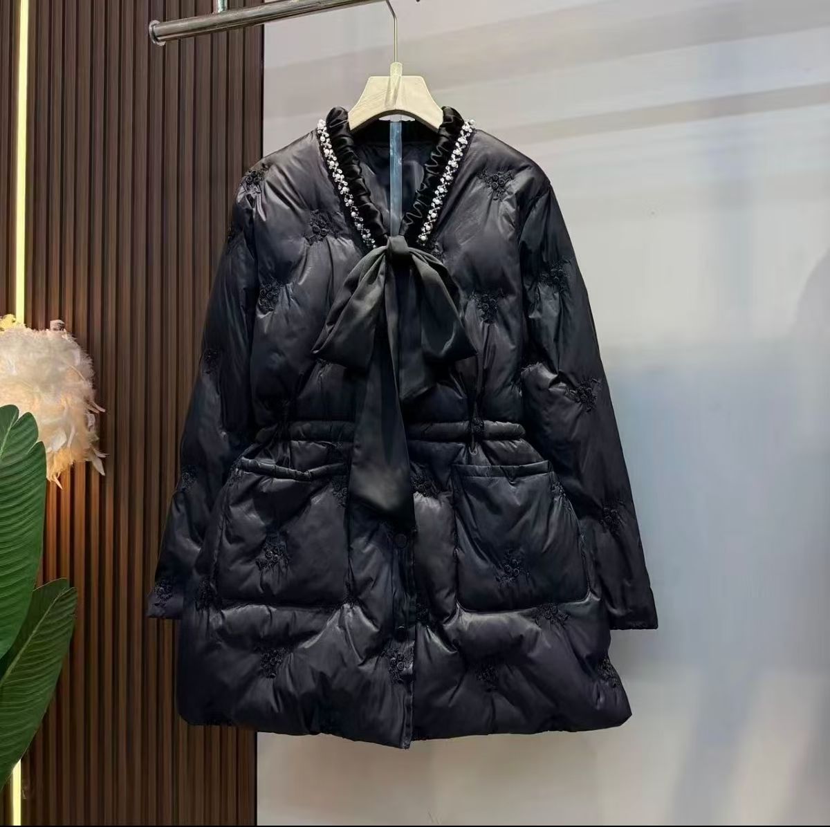 胖妹妹时尚冬季小香风蝴蝶结中长款棉服外套百搭显瘦宽松遮肉棉衣